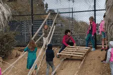 Children playing on a makeshift wooden ramp built with a pallet and logs in an outdoor area. They are climbing and interacting with the structure near a fence. The scene is playful and lively.