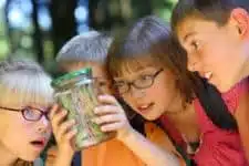 Four children are closely examining a jar with interest. The jar contains money. They are outdoors with a blurred forest background, and all appear to be curious and engaged.