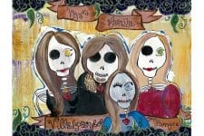 A colorful illustration of four female skeleton figures with long hair, each adorned with unique accessories like hearts and flowers. The background features decorative elements and banners with text.