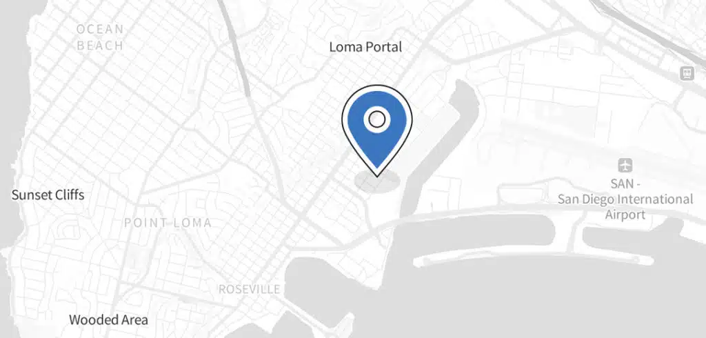 Map highlighting a location with a blue marker pin in Loma Portal, near San Diego International Airport and Point Loma, California. Nearby areas labeled include Ocean Beach, Sunset Cliffs, and Roseville. For more details or inquiries about the location, please contact us.