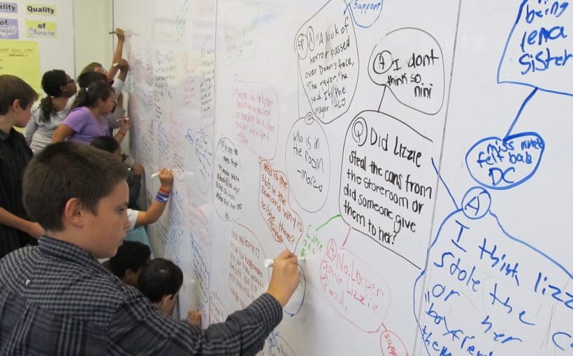 Students are gathered around a large whiteboard, writing ideas and questions in different colors. The board is filled with discussions and brainstorming diagrams.