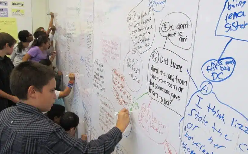 Students are gathered around a large whiteboard, writing ideas and questions in different colors. The board is filled with discussions and brainstorming diagrams.