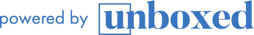The image displays the phrase powered by in lowercase blue text, followed by unboxed, with un inside a blue rectangular box, symbolizing innovation in online education degree programs.