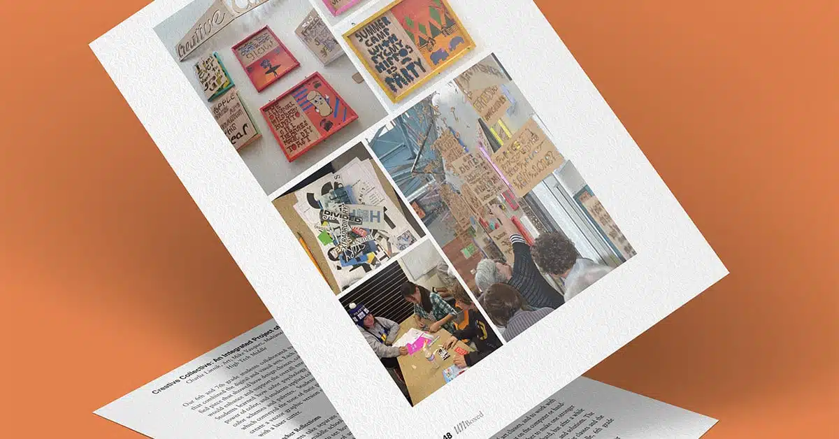A collage of various art pieces is displayed on a freestanding board, showcasing a Creative Collective. The artworks include colorful, abstract designs and handwritten text. Below, people gather around a table, engaging in crafting activities against a warm orange backdrop.