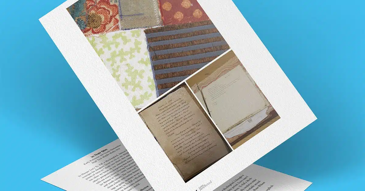 A tilted book page showcases a captivating collage of various textured fabrics and handwritten letters against a serene blue background. The featured fabrics, including stripes, floral, and geometric patterns, invite viewers to imagine life in their skin.