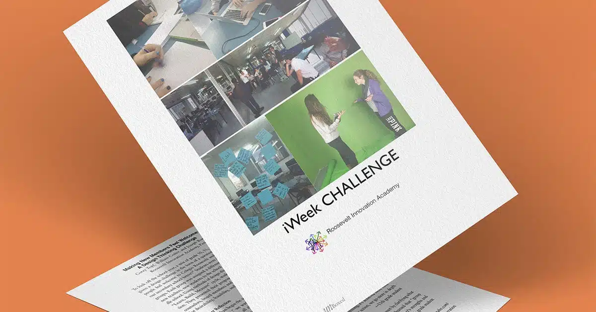 A paper titled iWeek CHALLENGE displays images of new members working on various projects, a green screen setup, and sticky notes on a wall, epitomizing Design Thinking. This vibrant scene is set against an orange background.