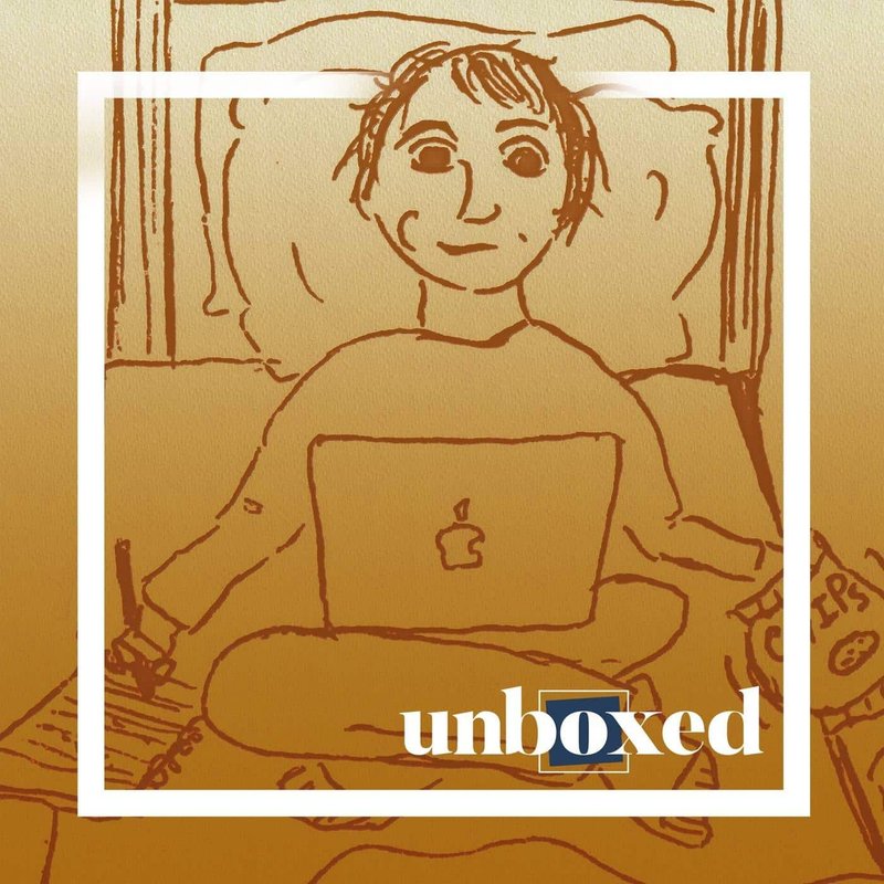A hand-drawn illustration captures a student sitting cross-legged on a bed with a laptop, embodying the essence of remote learning. Theyre jotting notes on a notepad with a bag of chips nearby. The image has a brownish tint with the text unboxed in the bottom corner, subtly hinting at screen time realities.