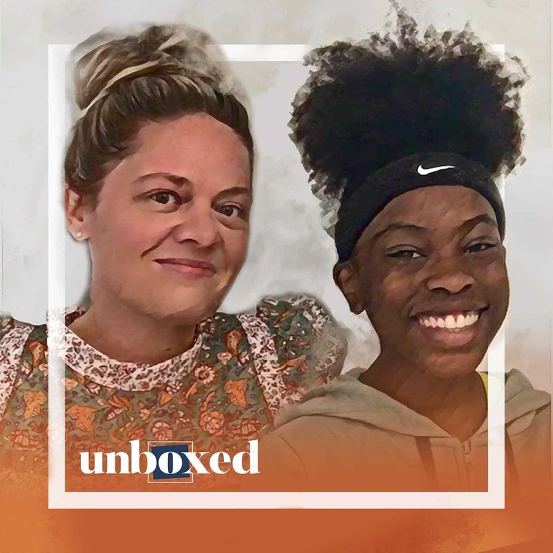 Two people smiling at the camera against a light background. The left person, with light hair, wears a floral top, while the right sports dark hair in a puff with a Nike headband. Unboxed: Cedarbrook Episode 2 text is at the bottom.