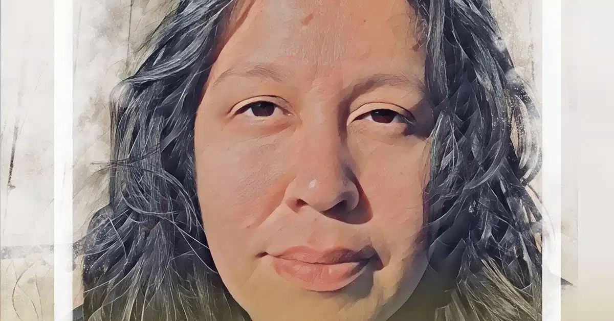 A close-up illustration-style portrait of Eva Mejia with long, wavy hair and a calm expression, set against a softly blurred background, embodies equity through its serene depiction.