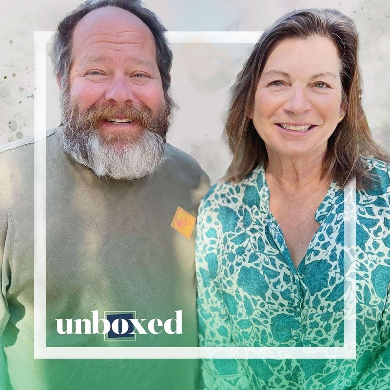 A man with a beard and a woman with long hair smile at the camera, framed by a white and green border. The word unboxed appears in the bottom left corner, celebrating 20 years of innovative projects at High Tech High.