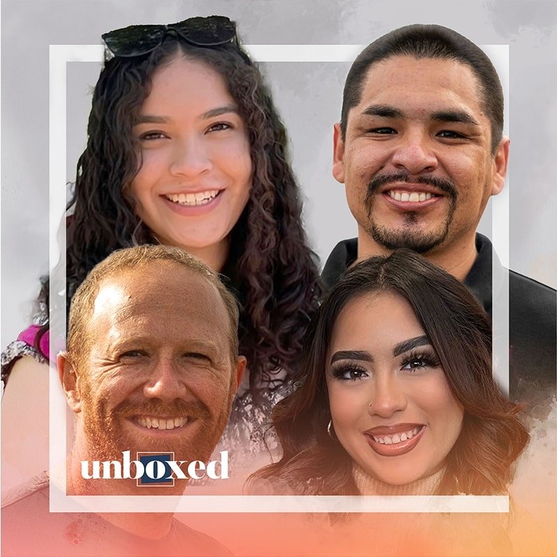 A collage of four smiling individuals, two men and two women, with the word unboxed in the corner represents College Success. The background features a muted gray and orange gradient.
