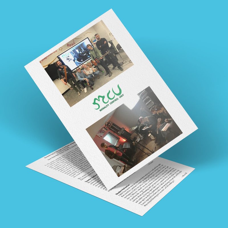A tilted flyer on a blue background features photos of a group in a meeting with the STCCI logo. Amidst indistinct text, the spirit of Scream for Change resonates, echoing the collective power of songs.