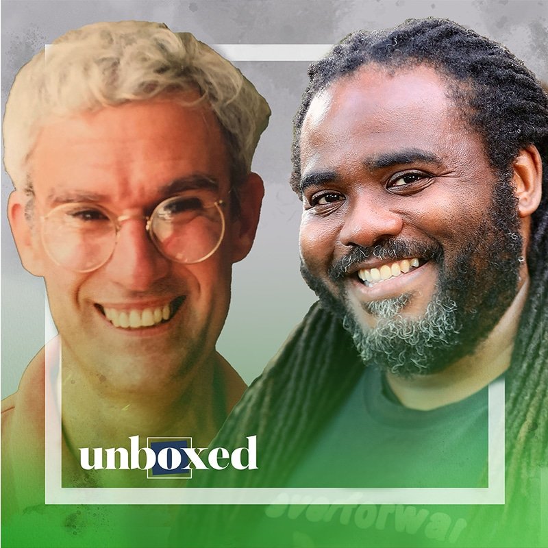 A smiling Dr. Tim Daponte with glasses and short white hair stands on the left, while Ashanti Branch, known for his work in Taking off the Mask, smiles from the right. Theyre framed by a thin white square with unboxed at the bottom, set against a gradient of gray and green.