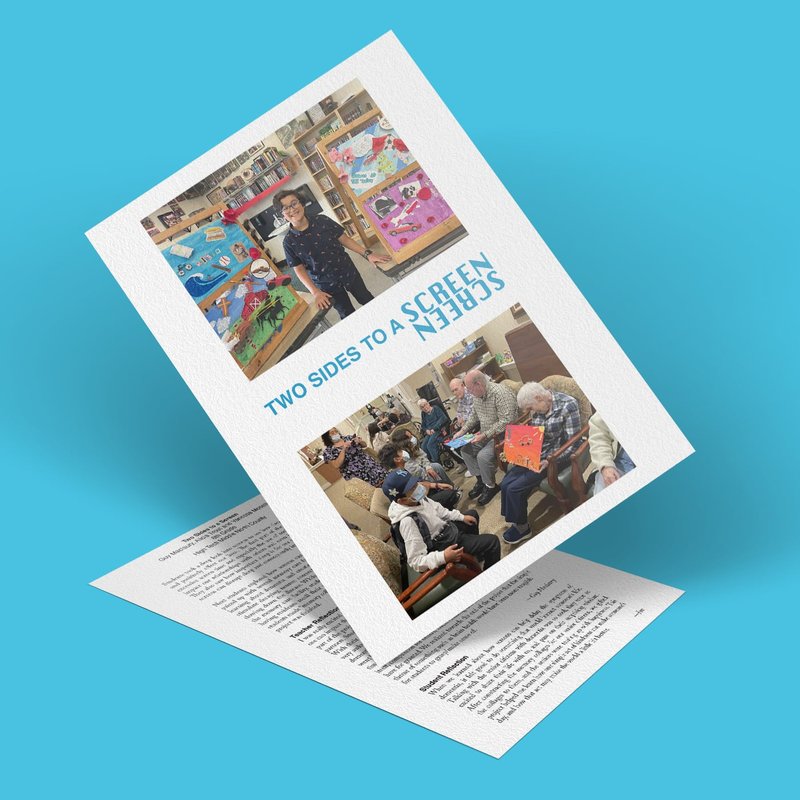 A brochure titled Two Sides to a Screen features images of elderly people and a young person engaging with digital devices. The background showcases a soothing light blue color, emphasizing the intergenerational connection across different sides of the screen.