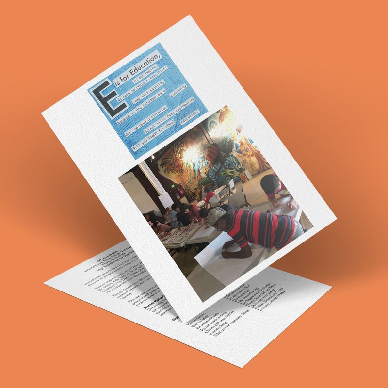 A flyer showcasing a lively classroom where students engage in an artistic activity. The design leans against an orange background, with the top adorned by the heading E is for Education, subtly blending creativity with inspiration.
