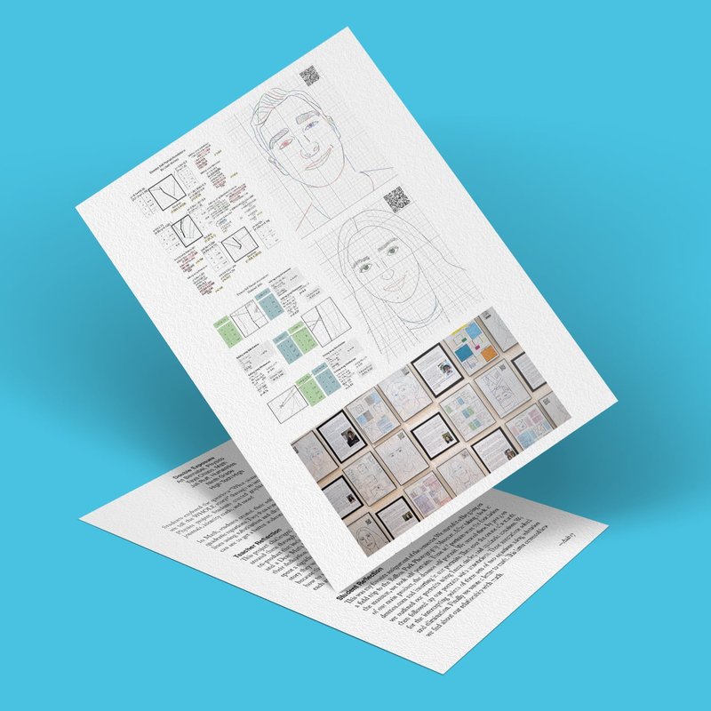Two sheets of paper rest on a blue background. The top sheet showcases sketches of people, tables, and diagrams with QR codes, capturing the essence of creative photography. The bottom sheet is filled with text paragraphs, providing depth akin to a double exposure effect.