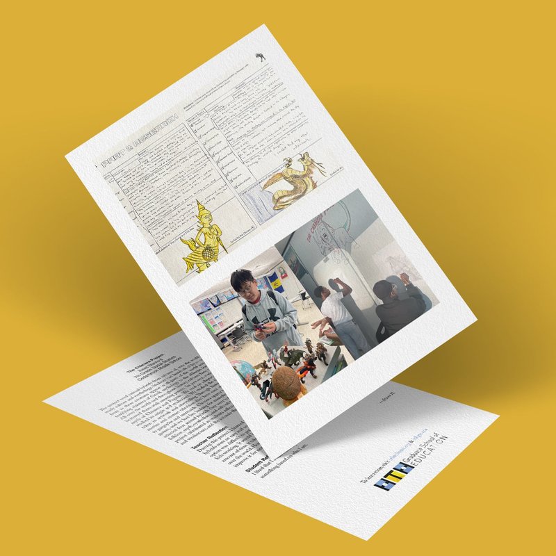 A flyer against a yellow background with various sections highlights the Chimera Project. It features text, diagrams, a mythical creature illustration, and two color photos—one of a person speaking to an audience and another showing people in a workshop setting.