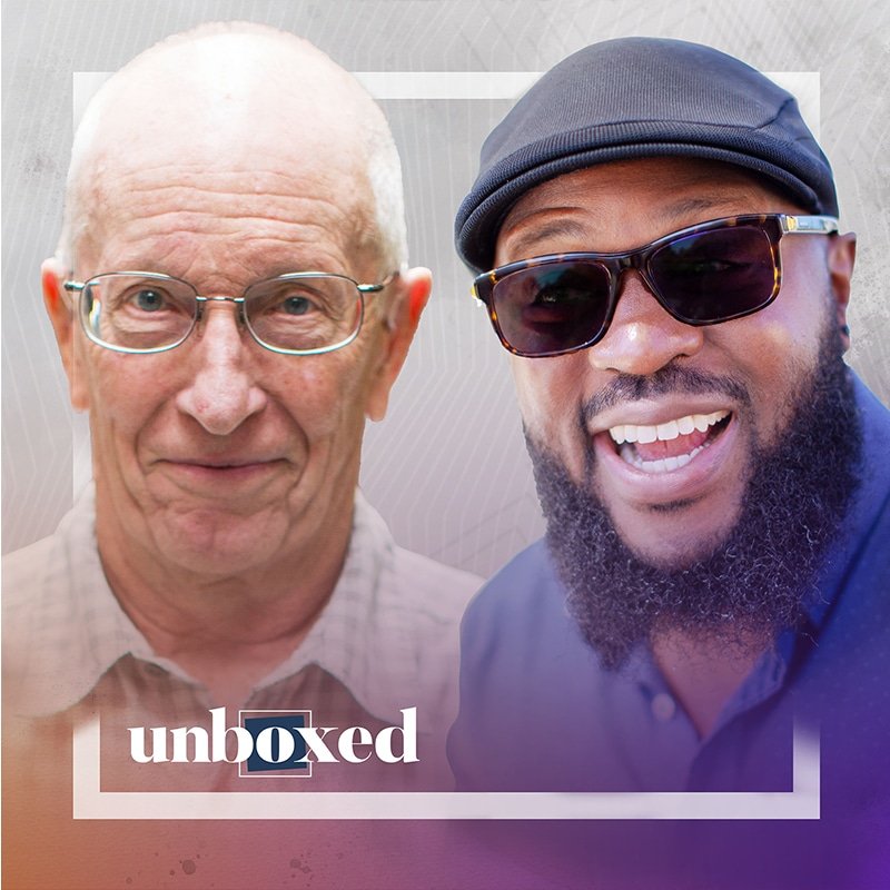 An older man with glasses smiles subtly, while a younger man with sunglasses and a hat grins widely. Both are framed in a square with a pastel gradient. Text reads Kaleb & Robs Fireside Chats at the bottom, capturing their warm, conversational vibe.
