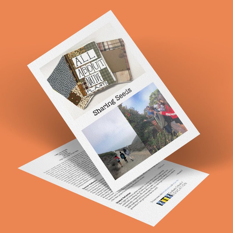 A brochure against an orange background titled All About Native Plants features photos of people walking outdoors and a community gardening activity, promoting the joy of Sharing Seeds.