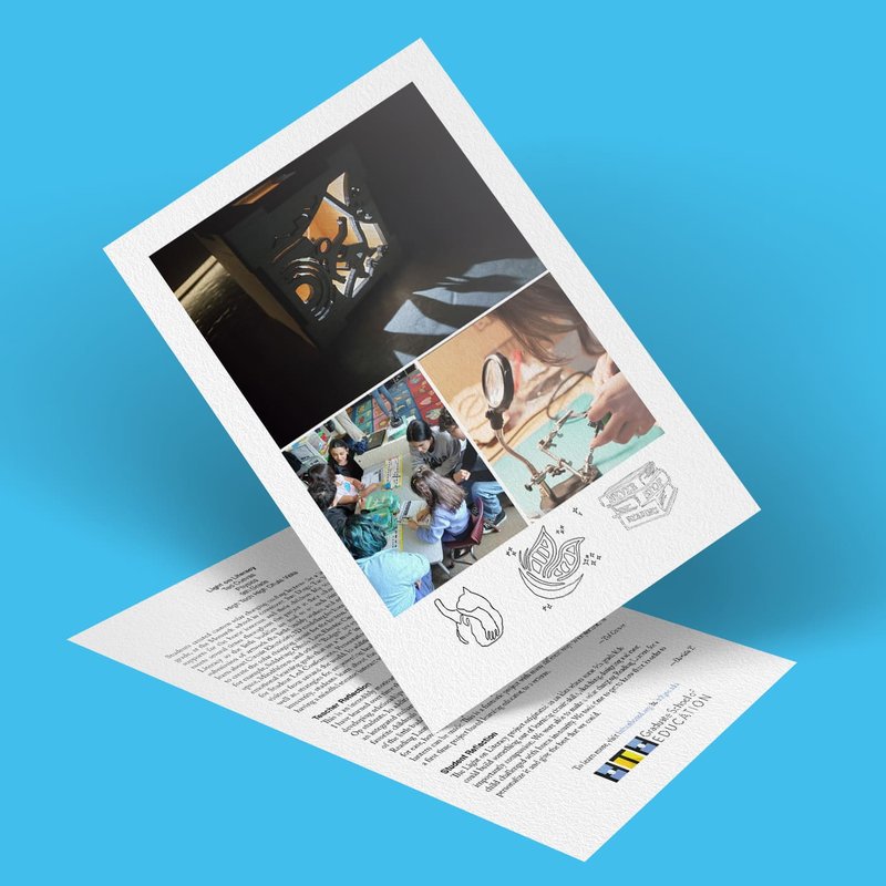 A flyer with a blue background showcases images of children immersed in science activities, highlighting the joy of education. Icons of a light bulb, book, plant, and globe symbolize knowledge and discovery. The text at the bottom provides details about the educational event focused on literacy.