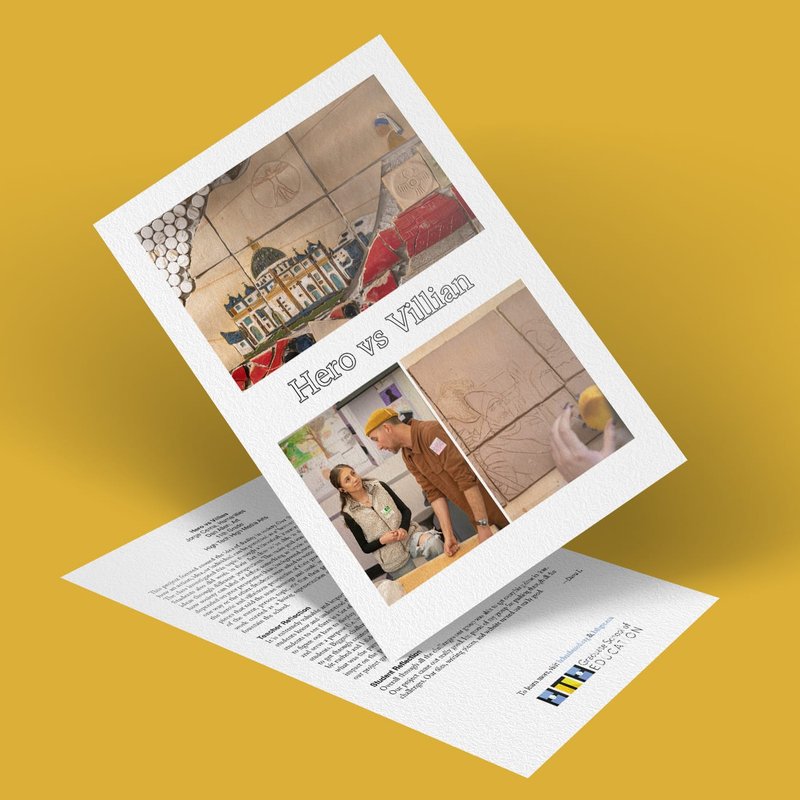 A 3D-rendered image of folded paper showcases vivid sketches of an epic hero vs. villain showdown, a towering building, and two people animatedly discussing plans against a solid mustard yellow backdrop.