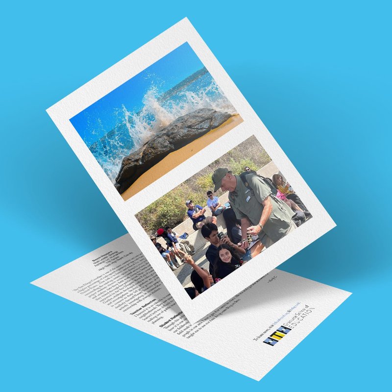 A greeting card rests on a blue background, showcasing the image of majestic ocean waves crashing on a rock. Below, a lively photo captures Beach Hoppers gathered outdoors. A logo and text play peekaboo, adding to its allure.