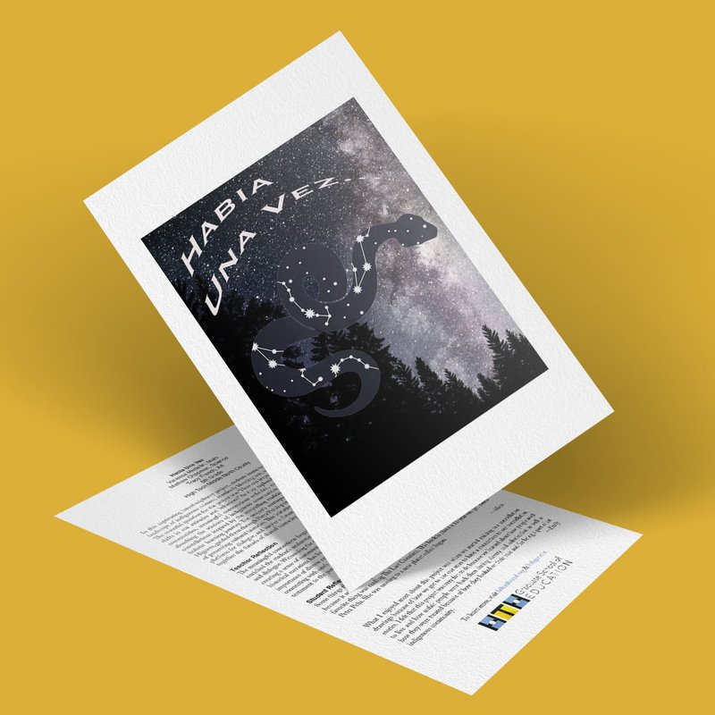 A stunning 3D rendering of an invitation card with Había Una Vez elegantly embossed on the cover. It showcases a starry night sky where a serpent-shaped constellation weaves above forest silhouettes, all set against a vivid yellow background. The text awaits discovery inside the card.