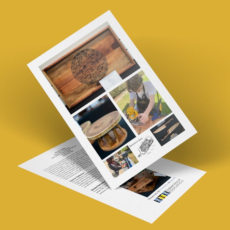 A promotional flyer with images showcasing woodworking and dining essentials. It includes a carved wood piece, a person using tools, wooden tableware objects, and text. The background is yellow, and the flyer features the words Wood Foundation with logos at the bottom.