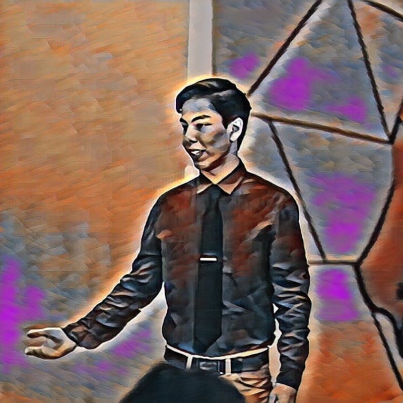 A stylized digital painting of a person in a black shirt and tie, gesturing with one hand, reminiscent of conducting presentations. The background features geometric shapes in vibrant orange and purple hues, creating an atmosphere that echoes the energy of learning presentations.