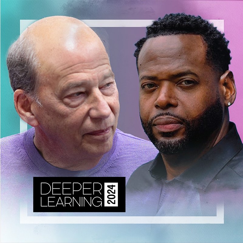 Two men are shown against a colorful background, one older and the other younger, both facing slightly toward each other. A text overlay reads Deeper Learning 2024, highlighting the soulful essence of leadership across generations.