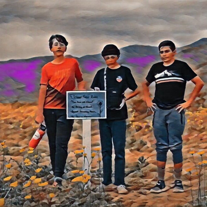 Three individuals stand on a rocky landscape next to a signpost, capturing an experience enriched by the natural beauty around them. The person on the left holds a bottle. Wildflowers and mountains are visible in the background under an overcast sky, all portrayed with a painted effect reminiscent of a PBL Design Kit.