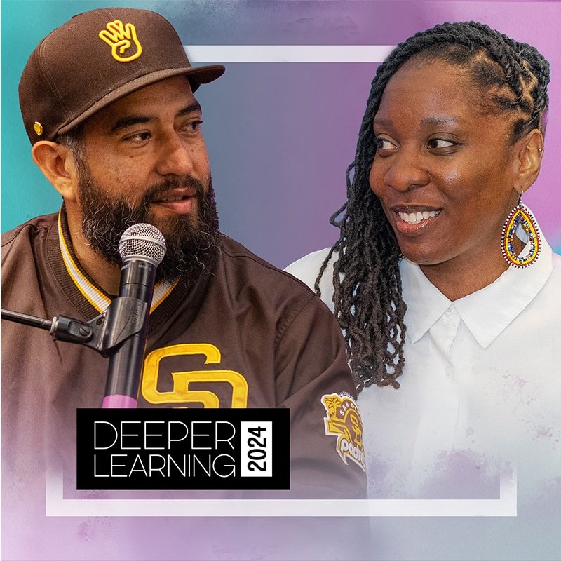 A man in a brown baseball cap and jacket speaks into a microphone, bringing his full artistic self, as he looks at a smiling woman in a white blouse with braided hair. The image features the text Deeper Learning 2024.