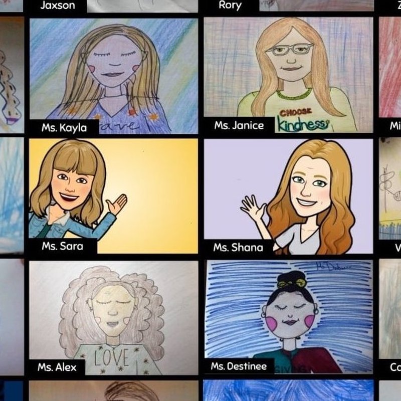 A collage of hand-drawn portraits of various people, each with different hairstyles and expressions, presented in an online exhibition. Some images include names like Ms. Kayla, Ms. Janice, Ms. Sara, and Ms. Shana. Vibrant colors and unique styles are used in each drawing to captivate viewers globally.
.