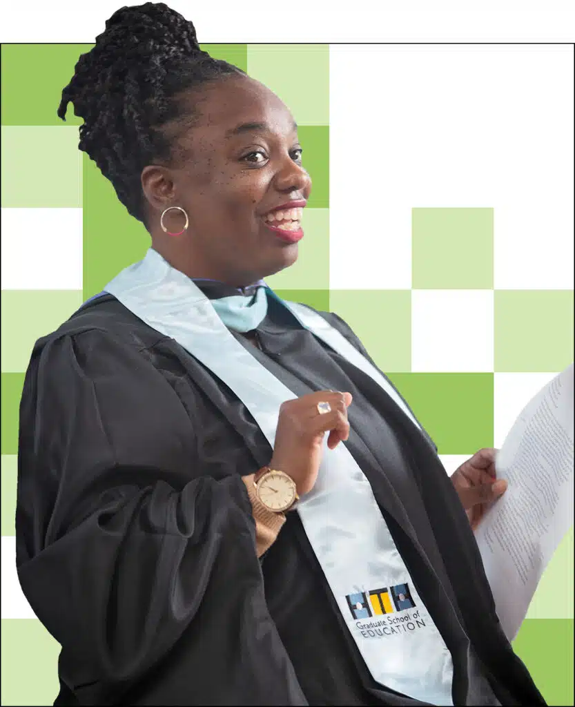 A person in a graduation gown and light blue stole smiles while holding a document, symbolizing their achievement in an early childhood education degree. The background features green and white squares, highlighting the bright future that comes with earning such a credential.