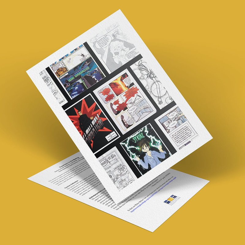 A comic book page featuring dynamic panels with a superhero in action, vivid dialogues, and characters showing intense emotions. The tilted page casts a shadow on the yellow background, making the scene even more dramatic.