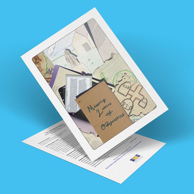 A 3D-rendered image of a paper card from the Lost Postcard Collection on a blue background. The card showcases a collage of handwritten notes, maps, and a small booklet titled Missing Letter for Suspects at its center. A page with text lies underneath the card.