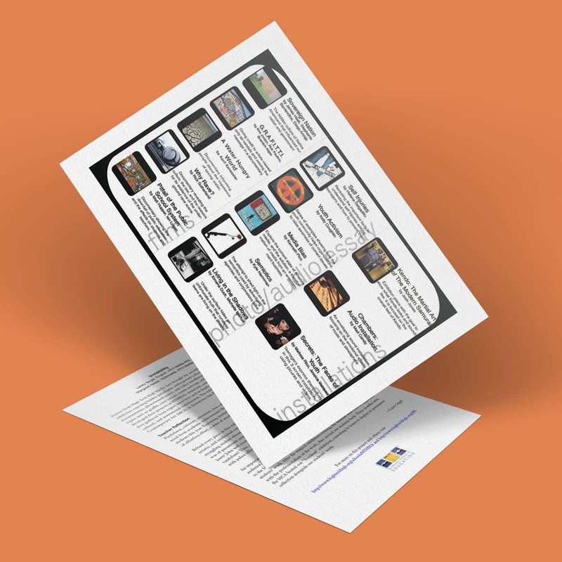 A brochure on an orange surface, partially open, displaying multiple images and text boxes, possibly showcasing products or services. With a touch of invisibility, a page underneath peeks through, hinting at more intriguing content awaiting discovery.