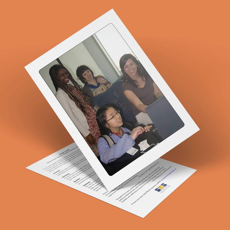 A group of four people smiling and interacting around a laptop. One person is using a joystick. The photo is placed on top of a document with text. The background is a solid orange color.