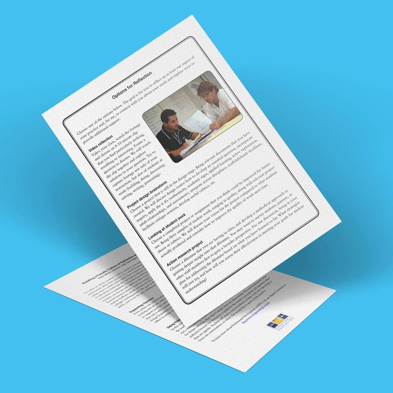 A tilted document on a blue background showcases an image of two people in reflection and discussion, accompanied by several paragraphs of text. A small colored logo is visible at the bottom right corner of the pages, adding a touch of brand distinction.