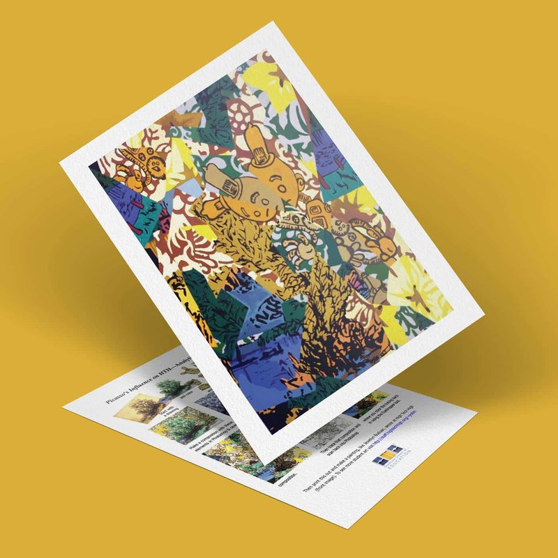A vibrant, abstract art print inspired by Analytical Cubism features colorful shapes and patterns displayed on a yellow background, reminiscent of Picassos style. The print is propped up against a document showcasing HTH thumbnails of additional artwork.