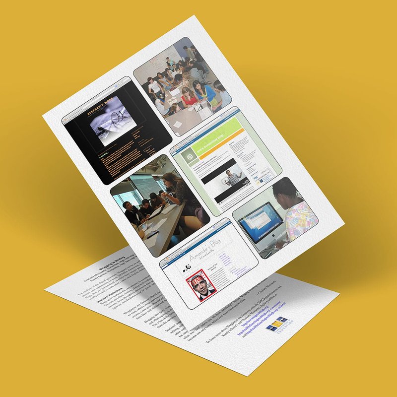 A digital brochure showcasing a classroom scene, a computer screen with text on blogging, and close-up shots of a website. It also features a document with a profile picture and writing details. The backdrop is a solid mustard yellow, enhancing its vibrant yet professional appeal.