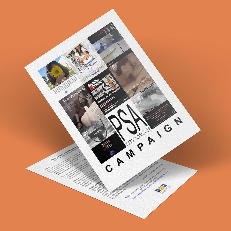 A tilted sheet floats over an orange background, displaying various public service advertising images that highlight social issues. The words PSA Campaign are prominently showcased at the bottom, emphasizing its role in raising awareness through a compelling advertising campaign.