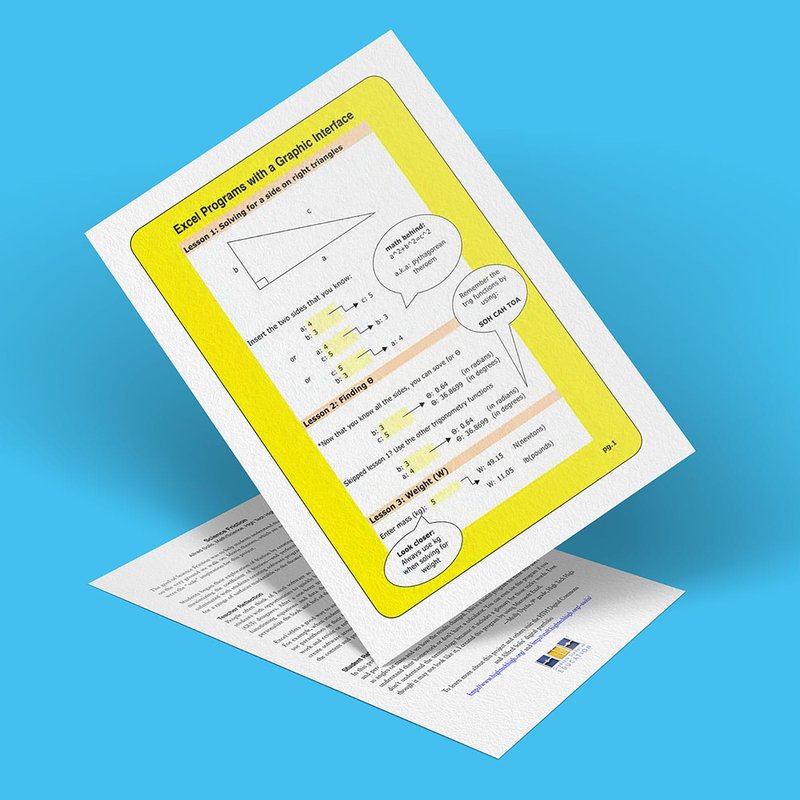 A document titled Excel Programs with a Graphic Interface set against a sci-fi blue background. It features mathematical equations and diagrams, highlighted in yellow, with speech bubbles explaining various components, adding a touch of futuristic intrigue.