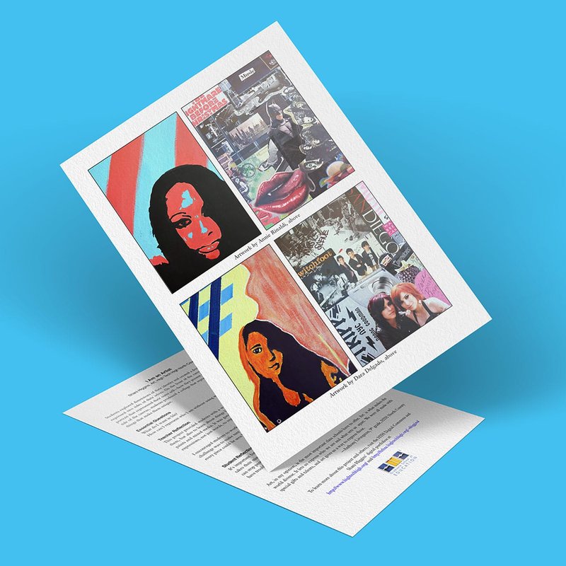 An angled view of a colorful leaflet on a blue background showcases four artistic images and some text. Created by a talented artist, the artwork features vibrant portraits and a dynamic collage, with layers overlapping to form a modern, creative design.