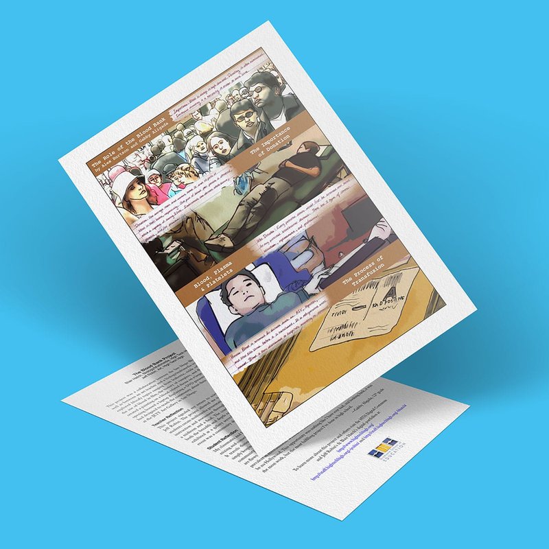 A tilted magazine page on a blue background showcases comic-style illustrations of people in various settings, centered around a blood donation project. The art features detailed characters and scenes, with text alongside each image, enriching the narrative layout.