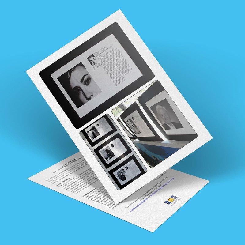 A digitally rendered image showcases a hero-themed brochure, featuring magazine layouts and striking black and white portraits with captivating eyes, all set against a blue background. The partially open brochure reveals intriguing text and images inside.