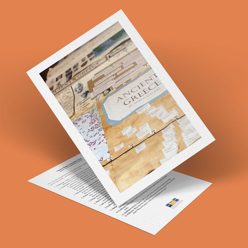 An angled postcard featuring a beautiful work of art—a map and text about Ancient Greece—rests against an orange background. This engaging piece showcases historical information and diagrams related to Greek history, promising to guide you through the fascinating twelve steps of its rich past.