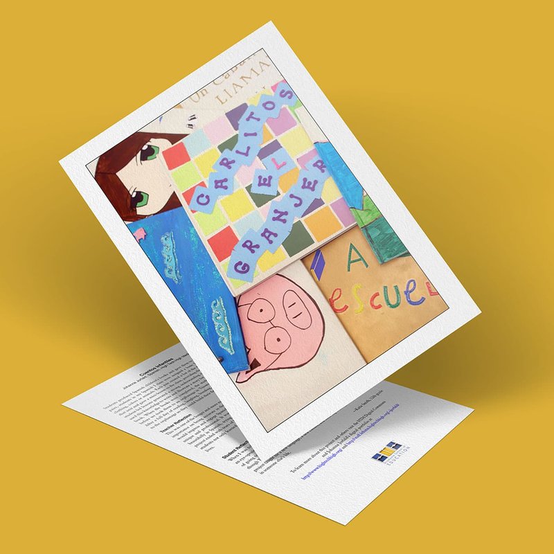 A tilted card with colorful, childlike designs and the text Carlitos el Granjero sits playfully on a yellow background. The card, perfect for cuentos infantiles, features illustrations including a pig and various shapes. A white folded paper with small text rests beneath the card.