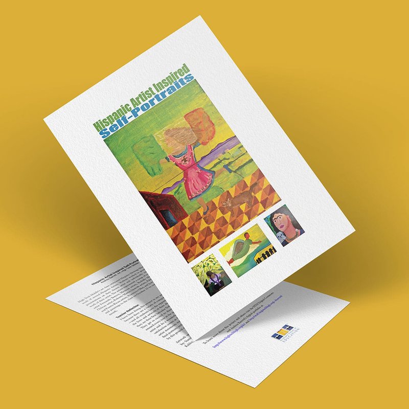 A flyer on a golden yellow background showcases a vibrant painting of a person with raised arms amidst nature. Below are three smaller artworks. Text at the top reads Self-Portraits by Inspired Hispanic Artists.