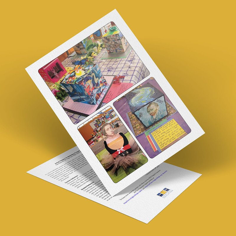 A floating brochure celebrates a Happy Un-Birthday with a colorful collage, featuring art pieces by various artists, a woman wearing a tutu, and vibrant decorations. Handwritten notes and paintings come alive against a cheerful yellow background.
